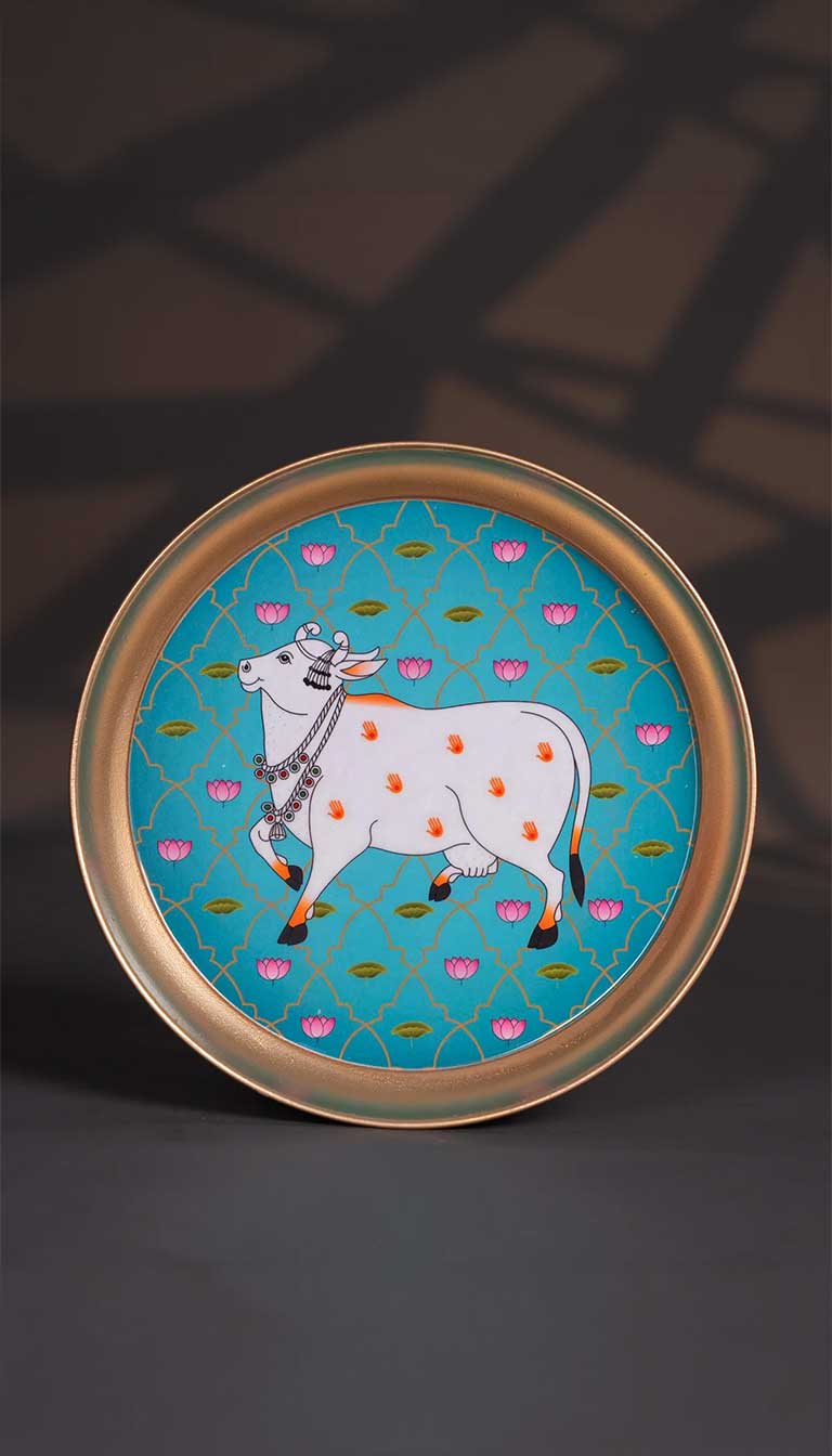 Pichwai Cow Digital Printed Brass Decorative Plate